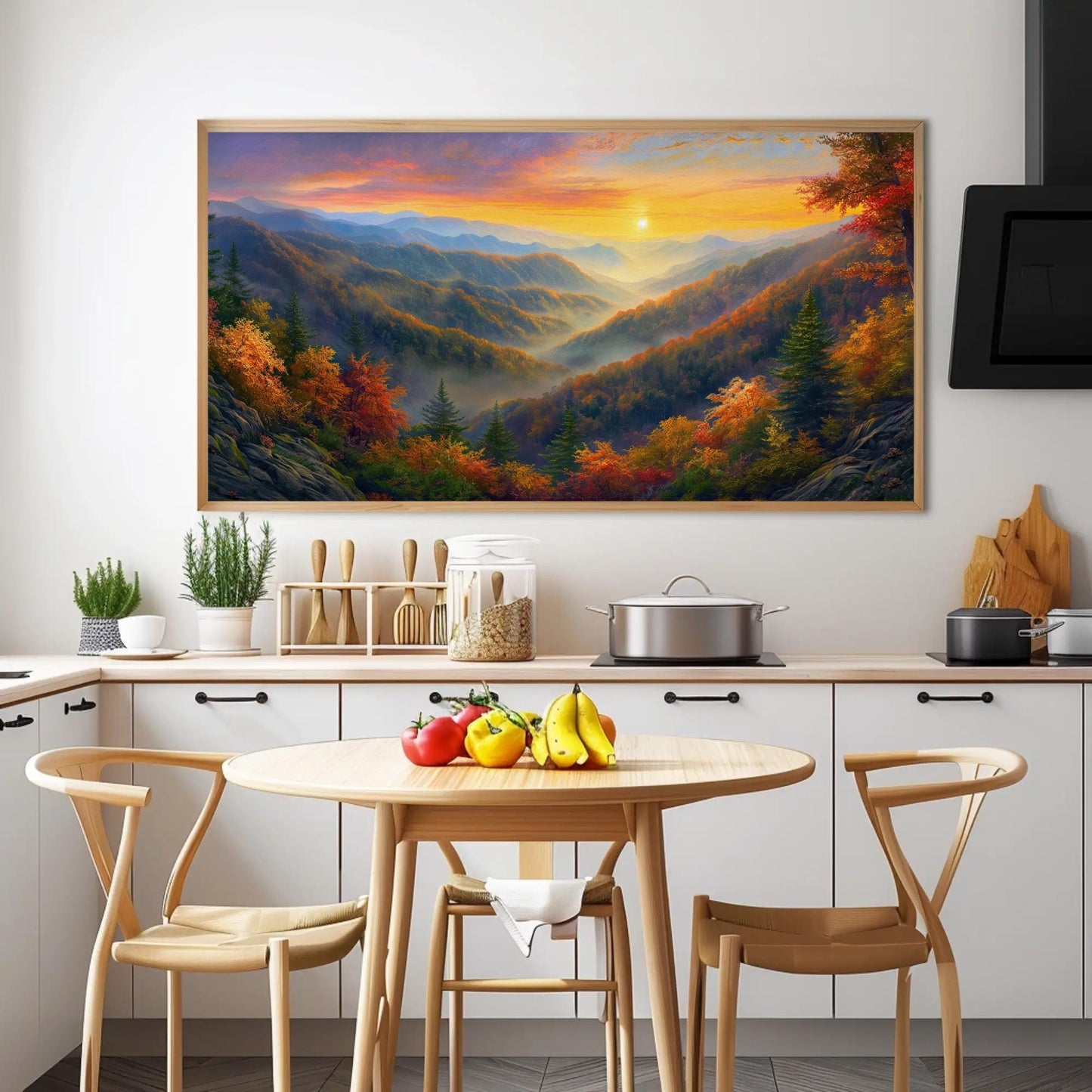 a painting on a wall above a kitchen table