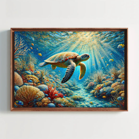 a painting of a turtle swimming in the ocean