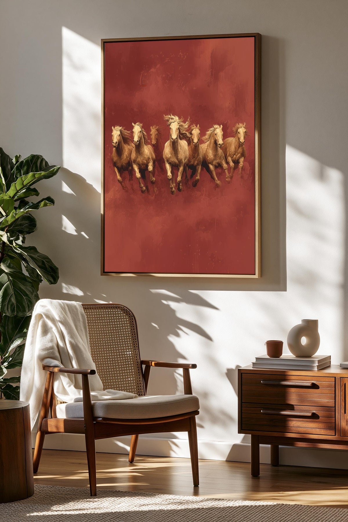 a cozy living room with a large framed painting of a group of galloping horses on the wall. The painting is the focal point of the room, with a comfortable chair and a wooden side table nearby. The room is bathed in natural light, creating a warm and inviting atmosphere.