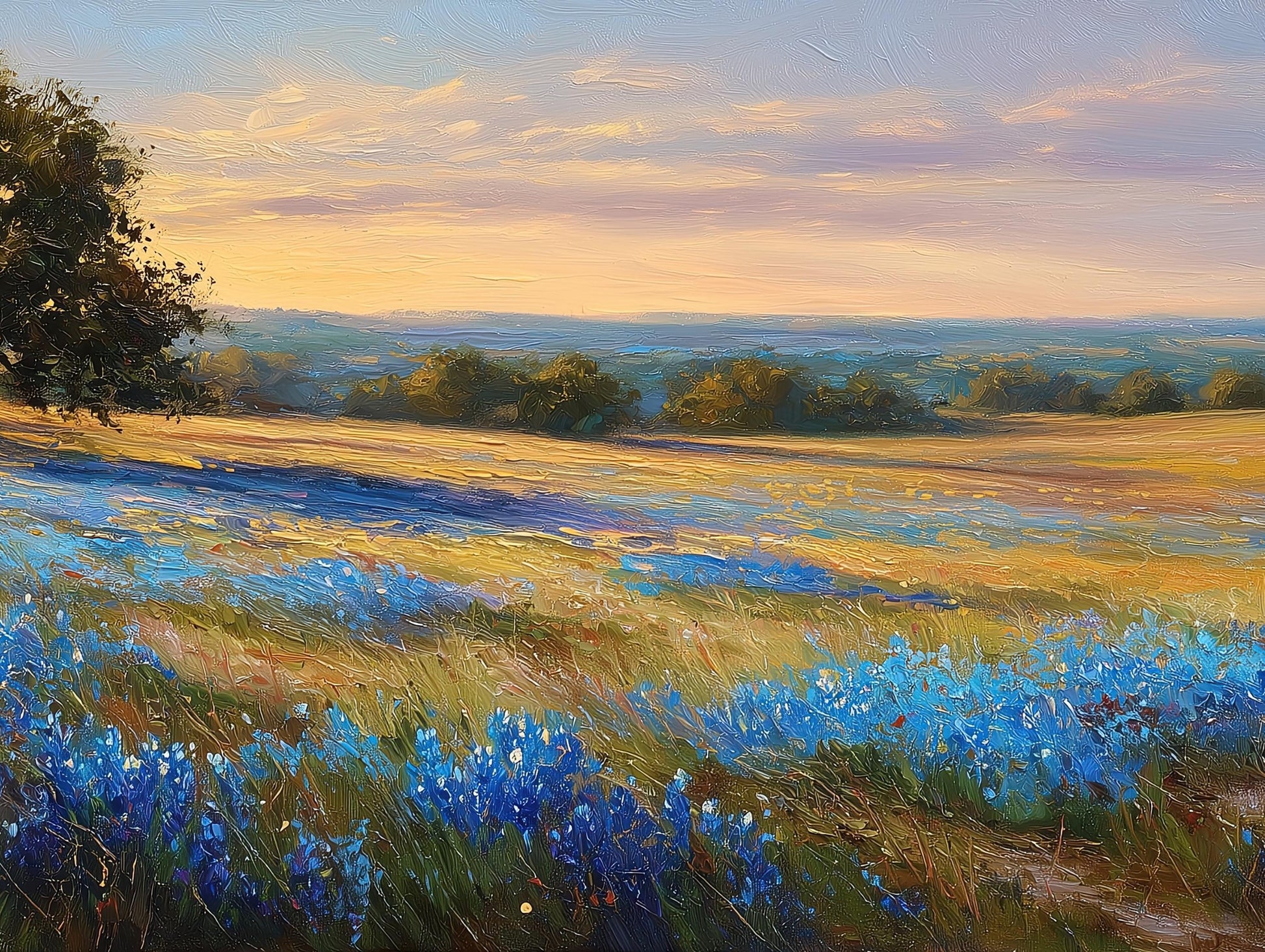 Texas Bluebonnet , Panoramic Sunset canvas wall art shown in a styled room