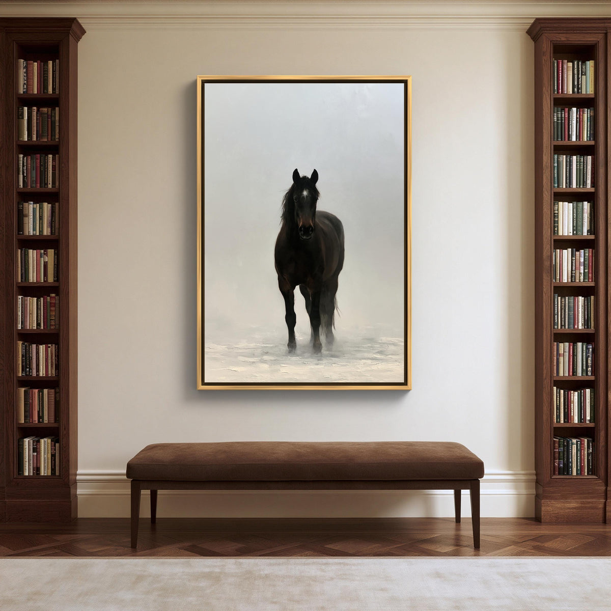Black horse in mist canvas wall art, large black horse standing in a snowy field, with a brown bench in front of it. The