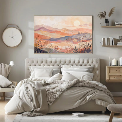Terracotta rolling hills canvas wall art, serene bedroom scene with a large bed, a wooden nightstand, and a clock on the