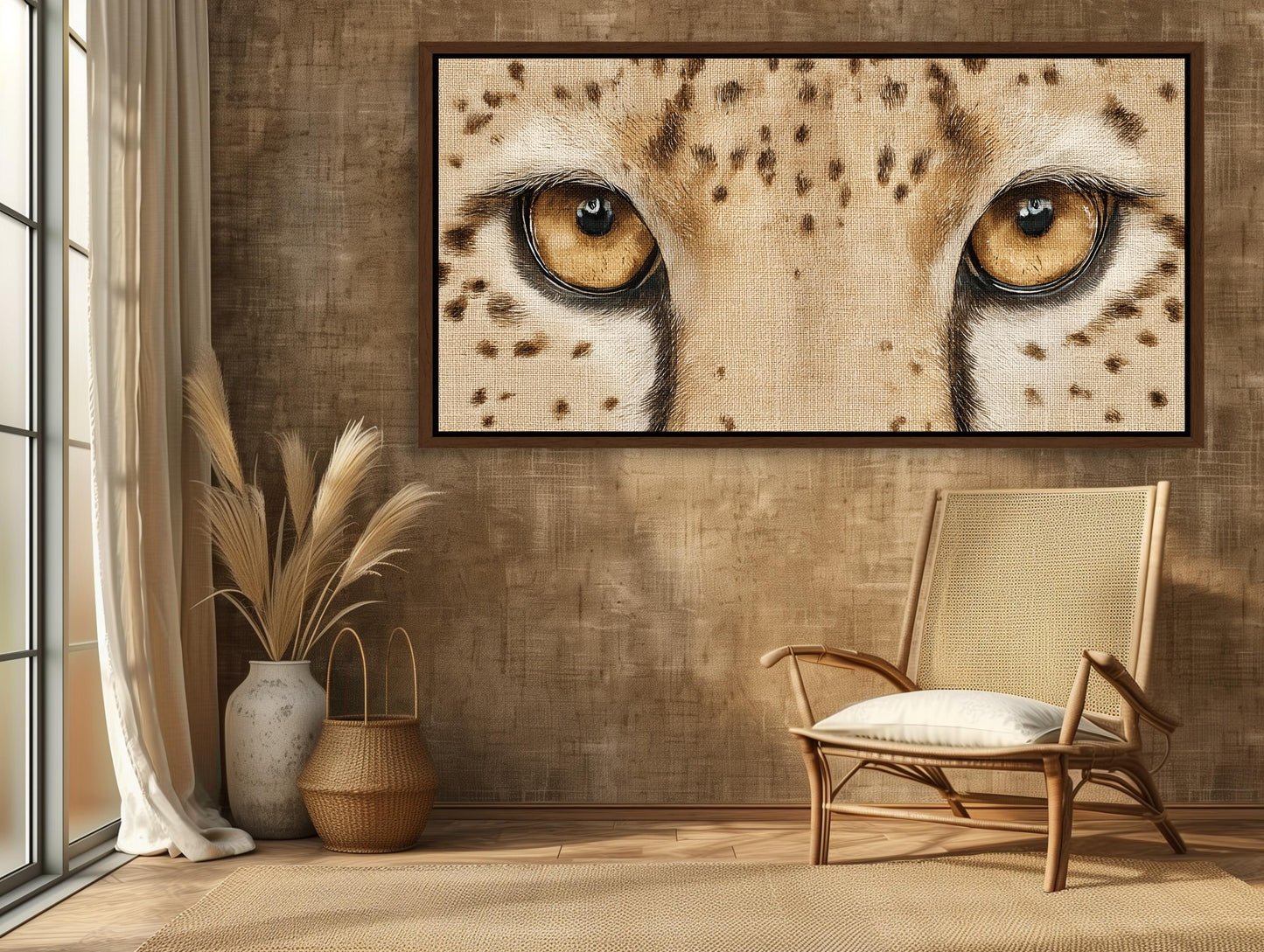 Cheetah Eyes canvas wall art shown in a styled room