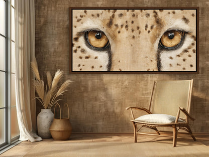 Cheetah Eyes canvas wall art shown in a styled room
