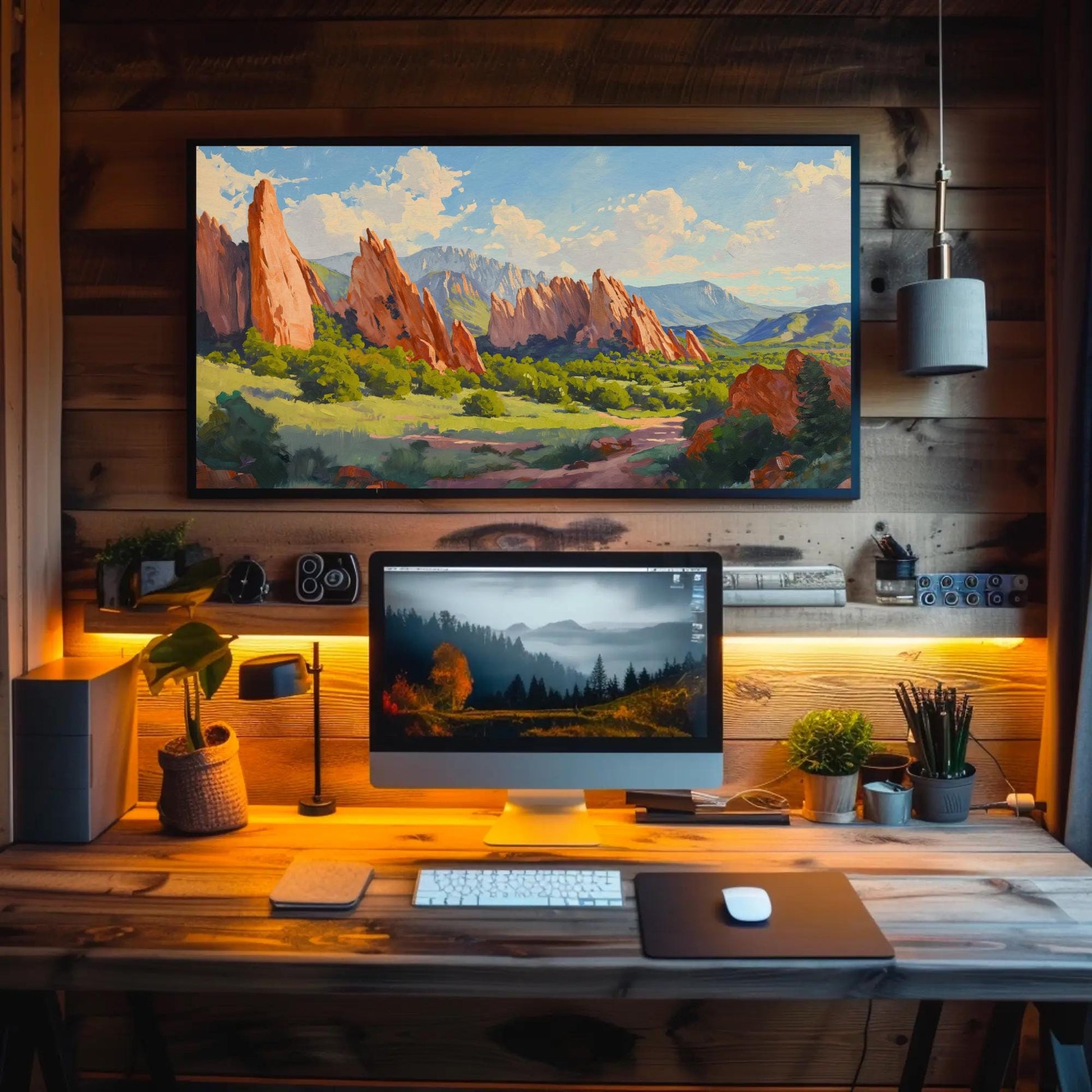 Garden of the Gods , Colorado Landscape canvas wall art shown above a desk