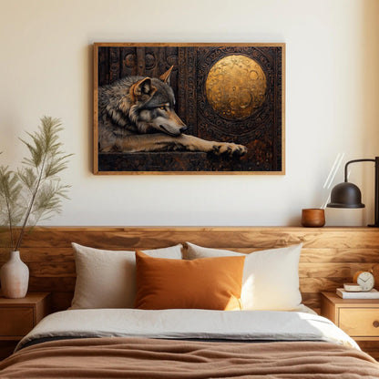 Wolf And Gold Moon Mystical Wildlife Art canvas wall art shown in a styled room