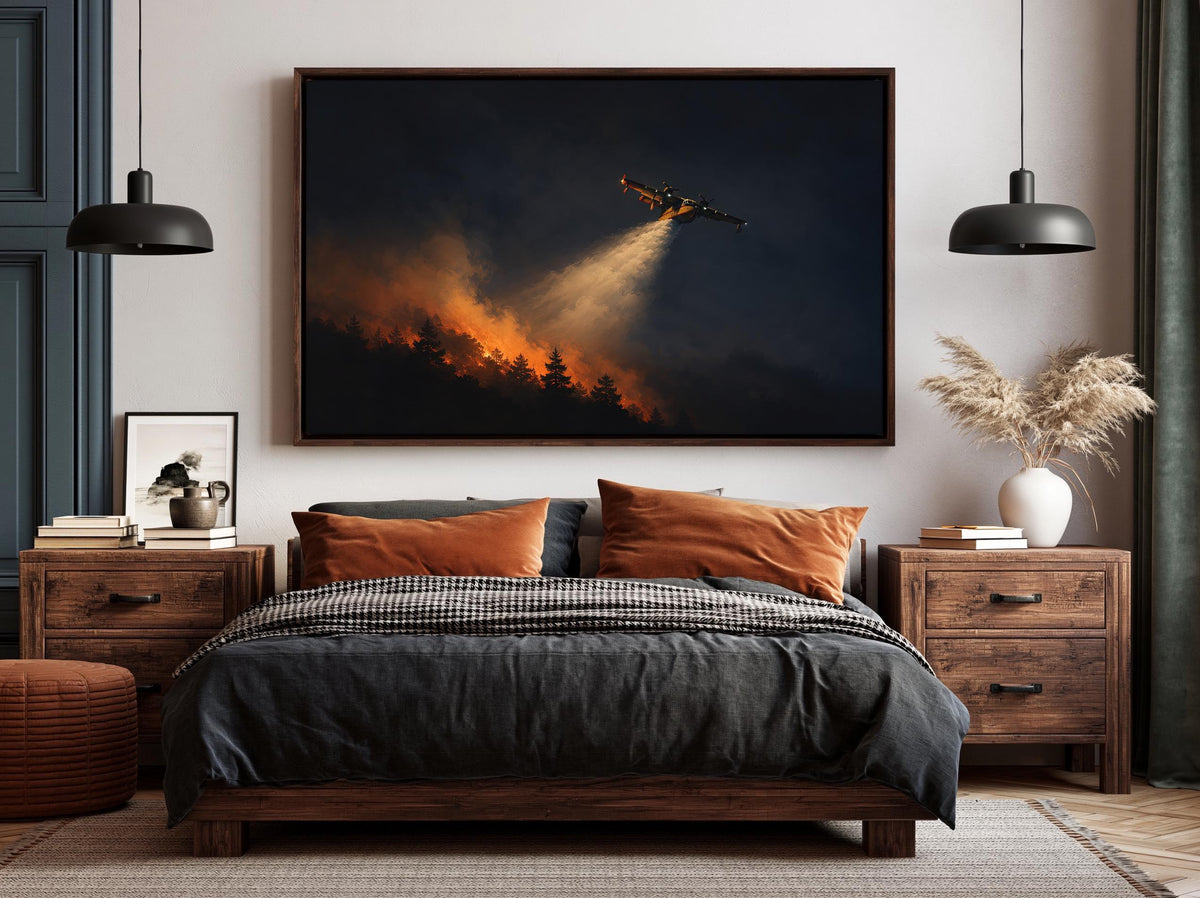 Firefighting air tanker canvas wall art in a room setting
