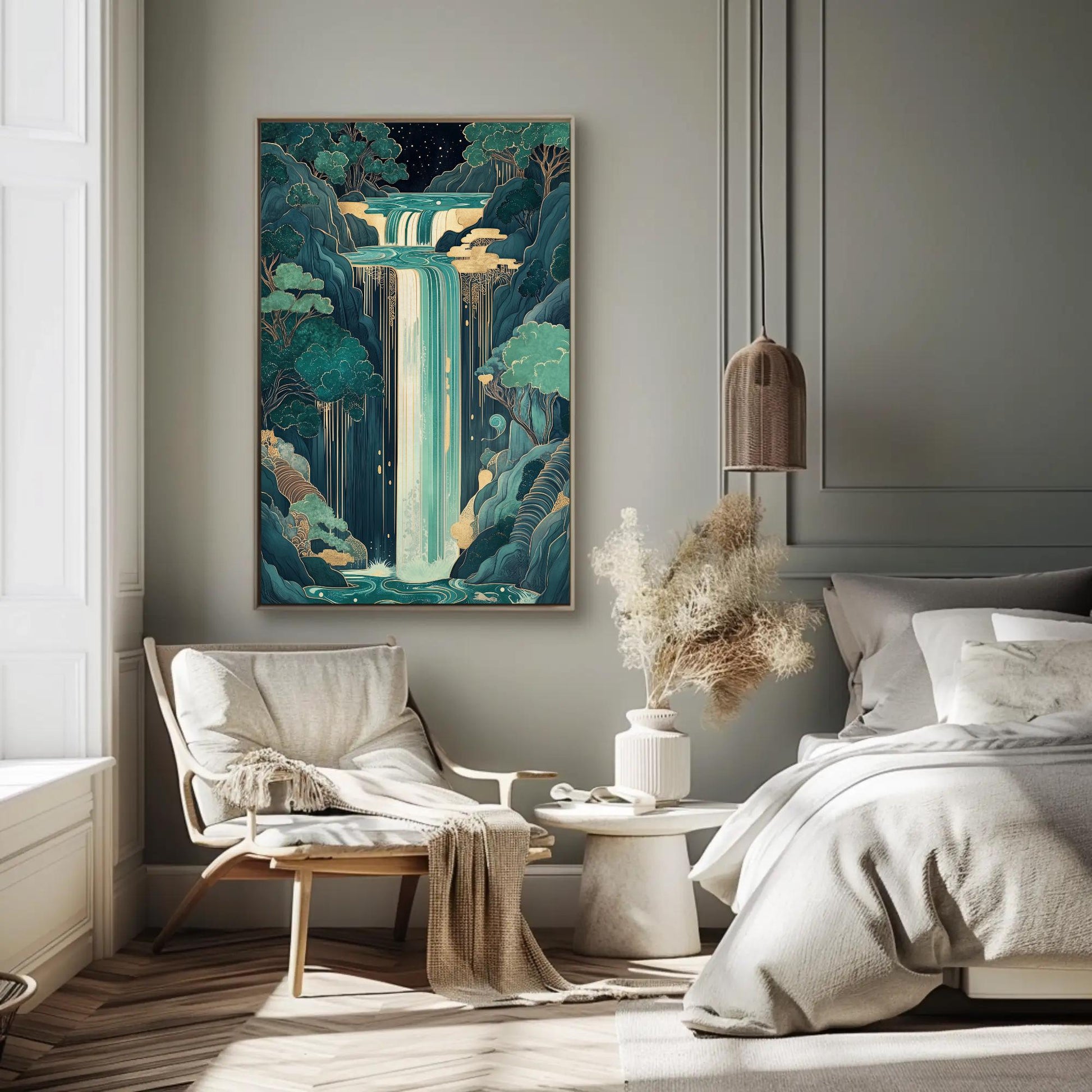 Magical Waterfall canvas wall art shown in a bedroom