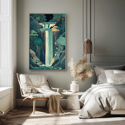 Magical Waterfall canvas wall art shown in a bedroom