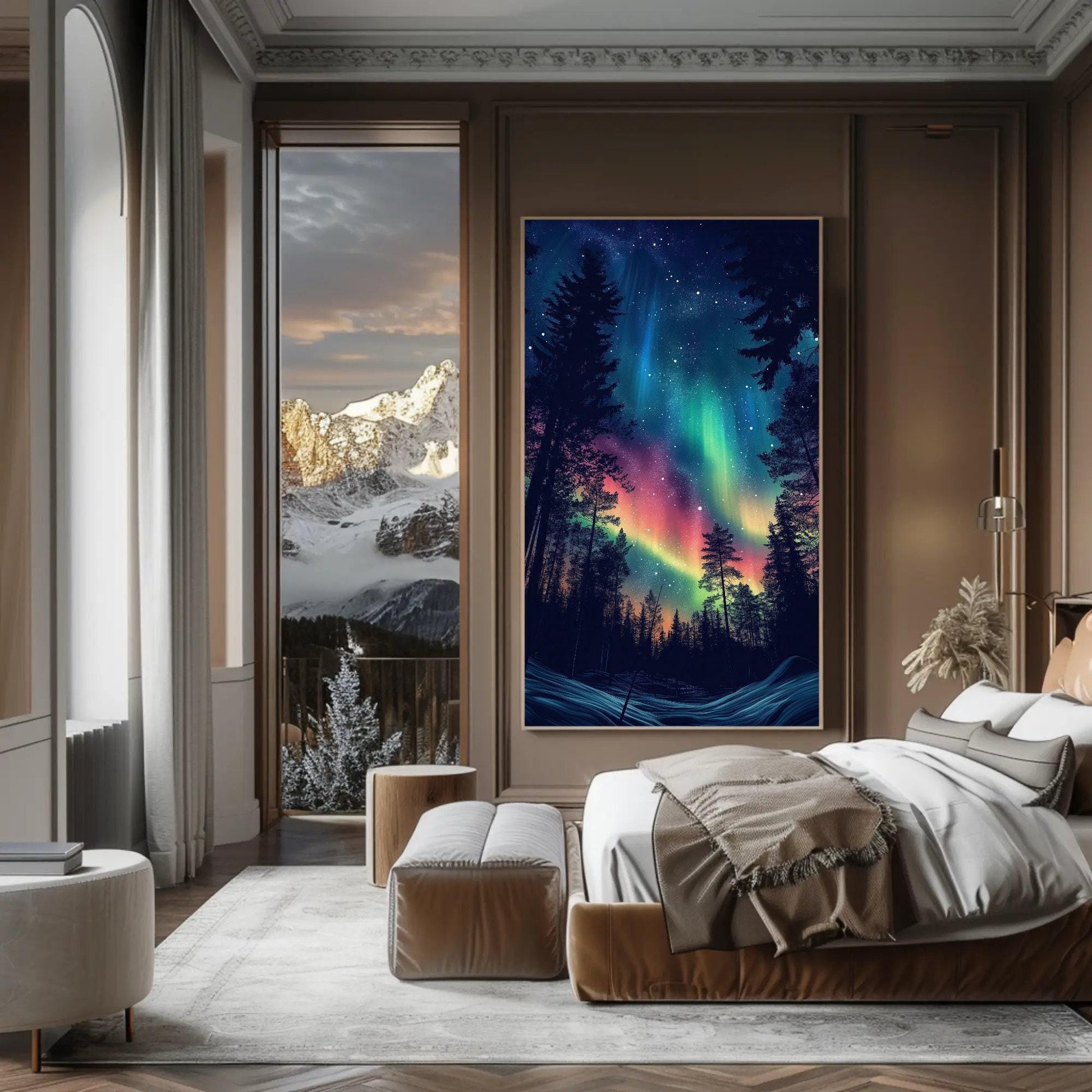 Aurora Borealis canvas wall art shown in a bedroom