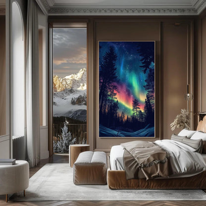 Aurora Borealis canvas wall art shown in a bedroom