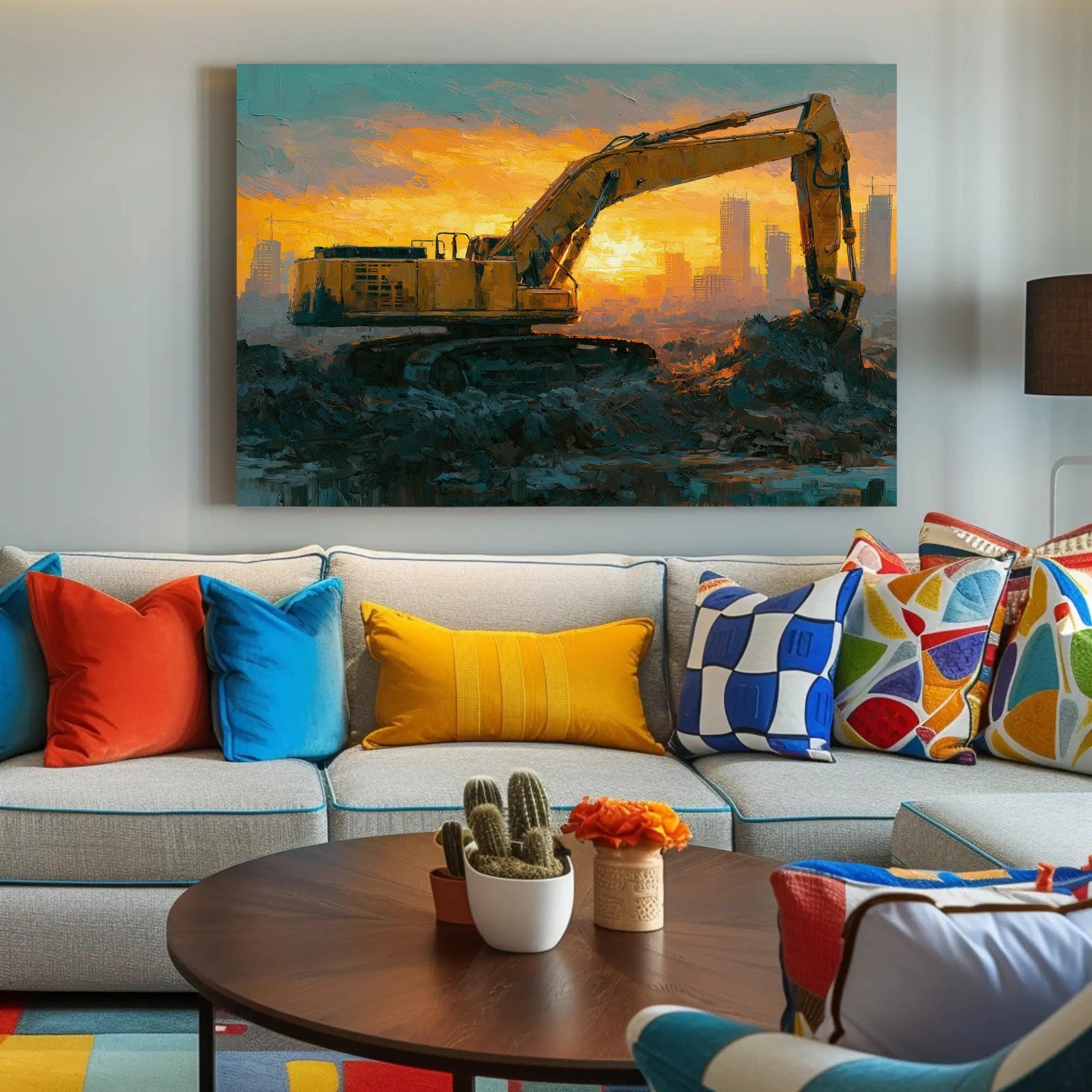 Excavator canvas wall art shown above a sofa