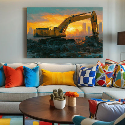 Excavator canvas wall art shown above a sofa