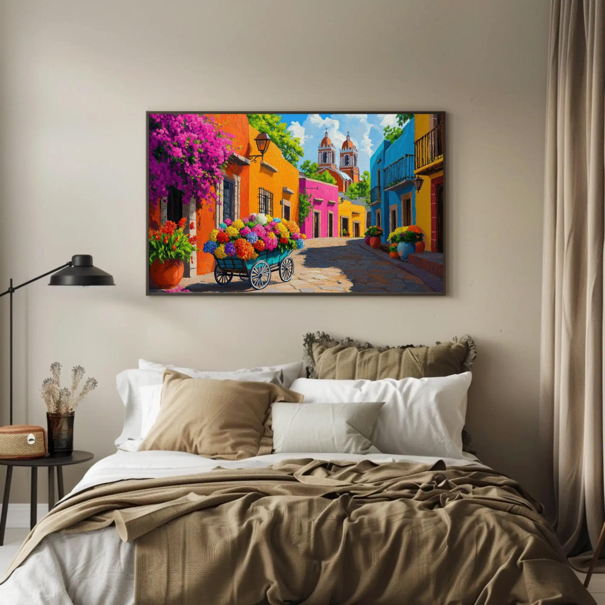 Mexican Flower Street , Colorful Mexico folk art canvas wall art, ready to hang