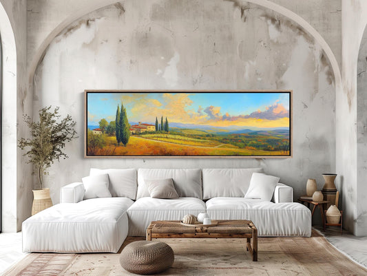 a living room with a large painting on the wall