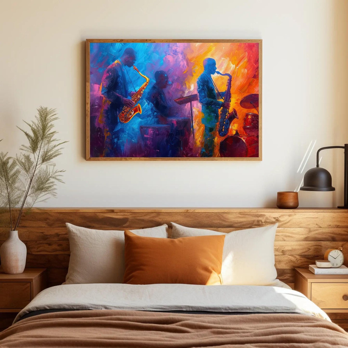 Jazz Music canvas wall art shown above a bed
