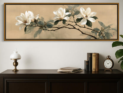 a large painting of white flowers on a wall above a wooden dresser with a lamp, books, and a clock.