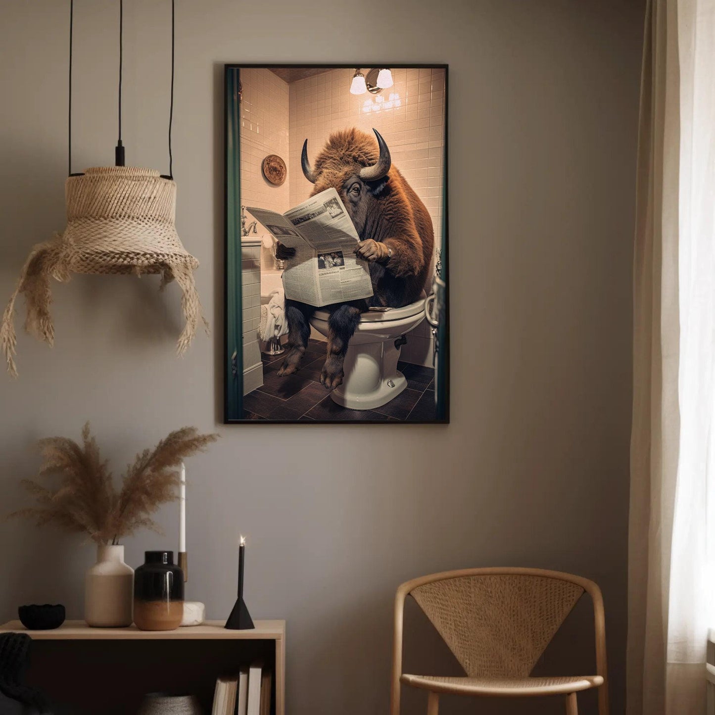 Funny Bison Bathroom , Buffalo Toilet Humor canvas wall art shown in a styled room (view 3)