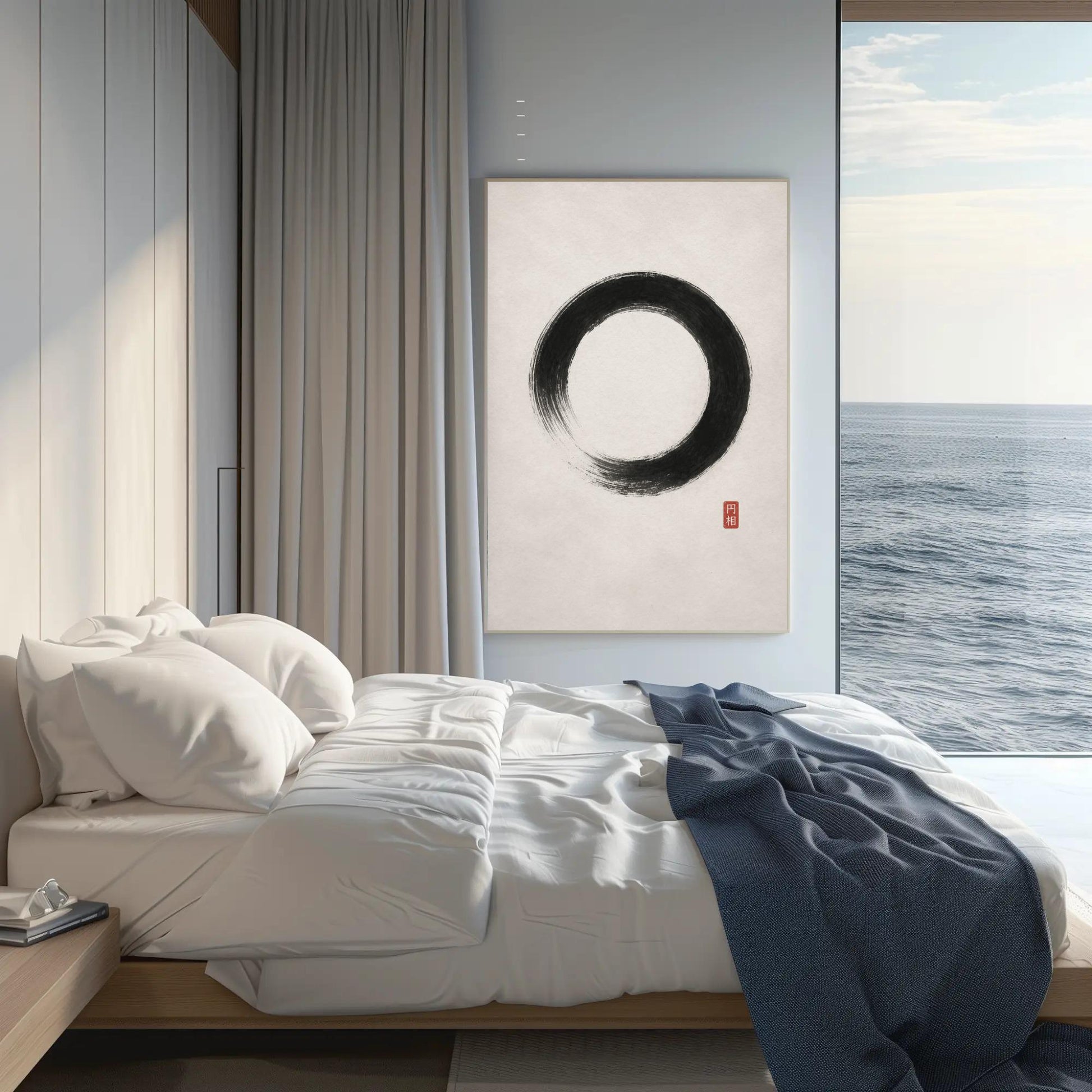 Ensō Circle canvas wall art shown in a bedroom