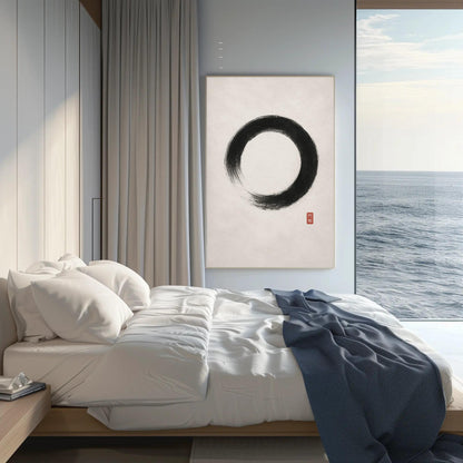 Ensō Circle canvas wall art shown in a bedroom