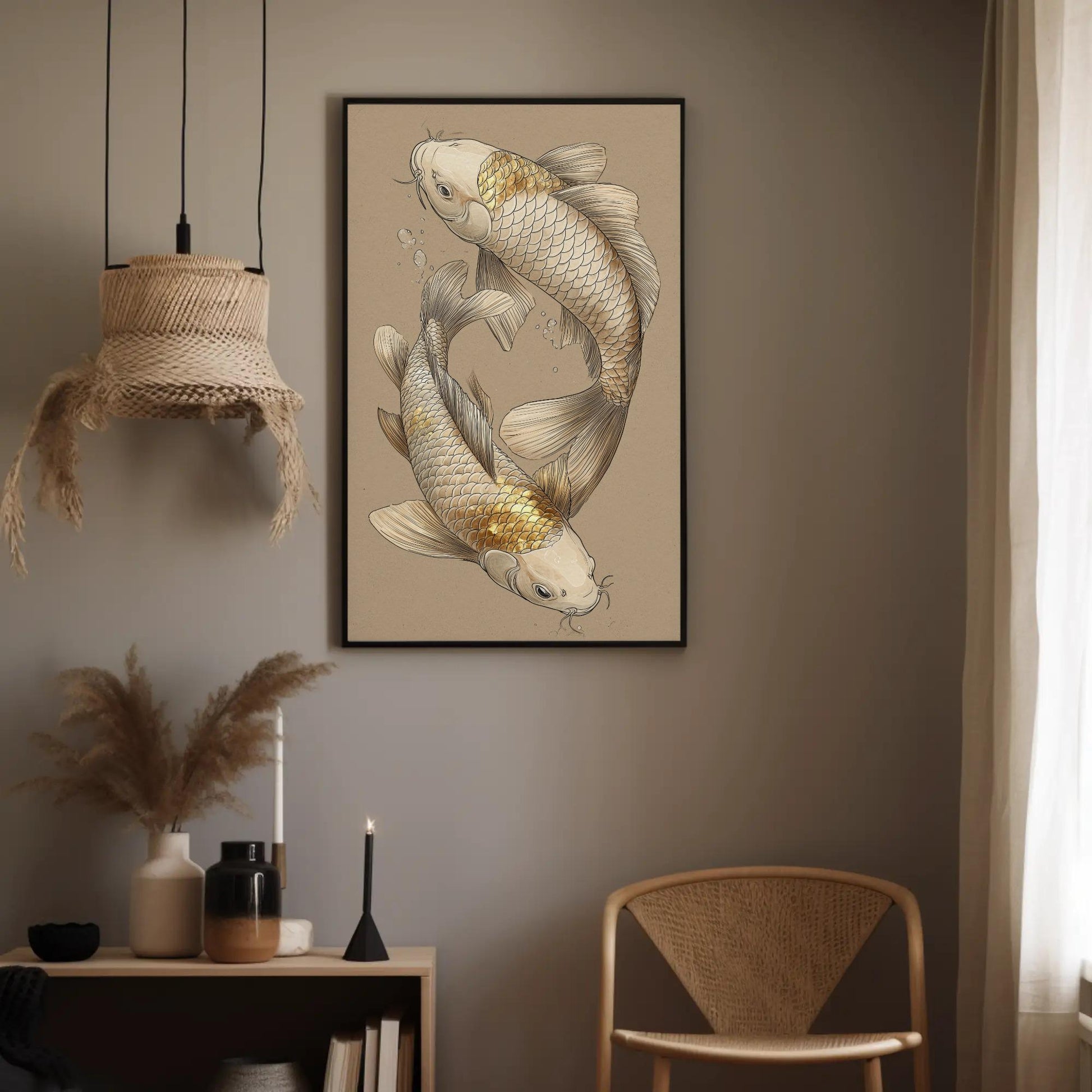 Japanese Koi Fish Art canvas wall art shown in a styled interior
