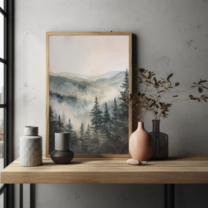 Misty Pine Forest canvas wall art shown in a styled room