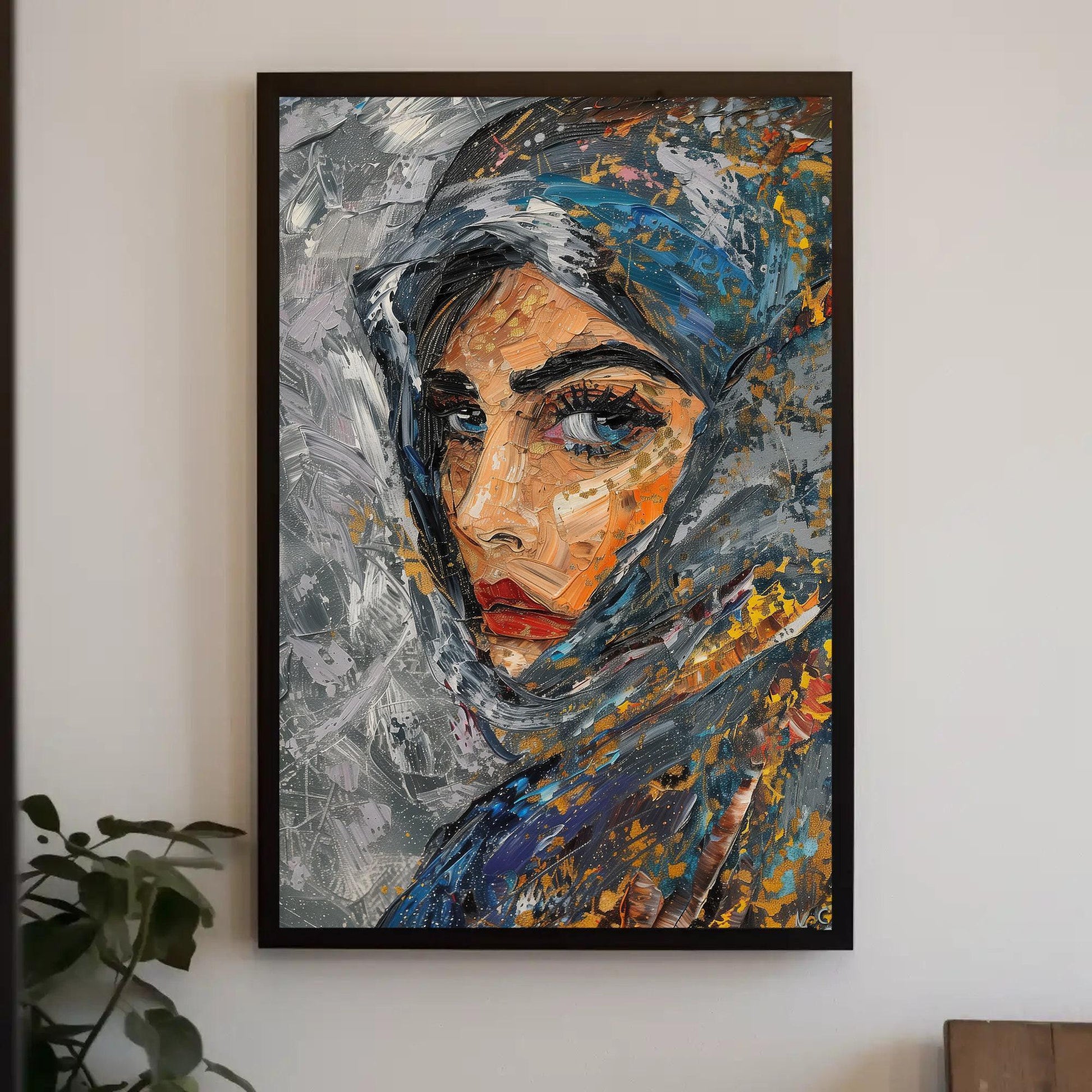 Muslim Woman Wall Art, Abstract Blue Eyes Canvas Print, Islamic Decor Gift