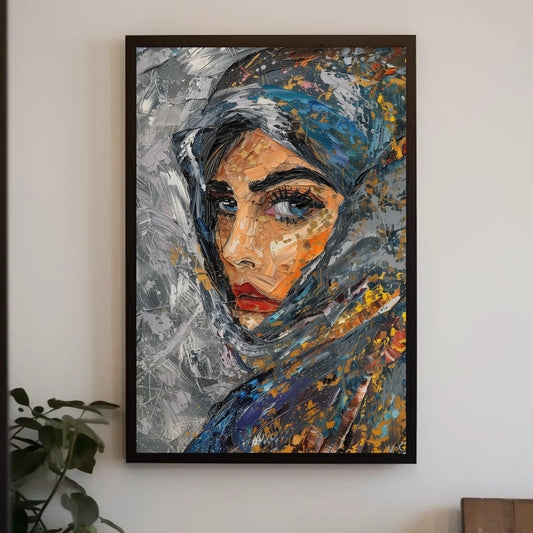 The image is a framed painting depicting a woman's face with a colorful, abstract expression.