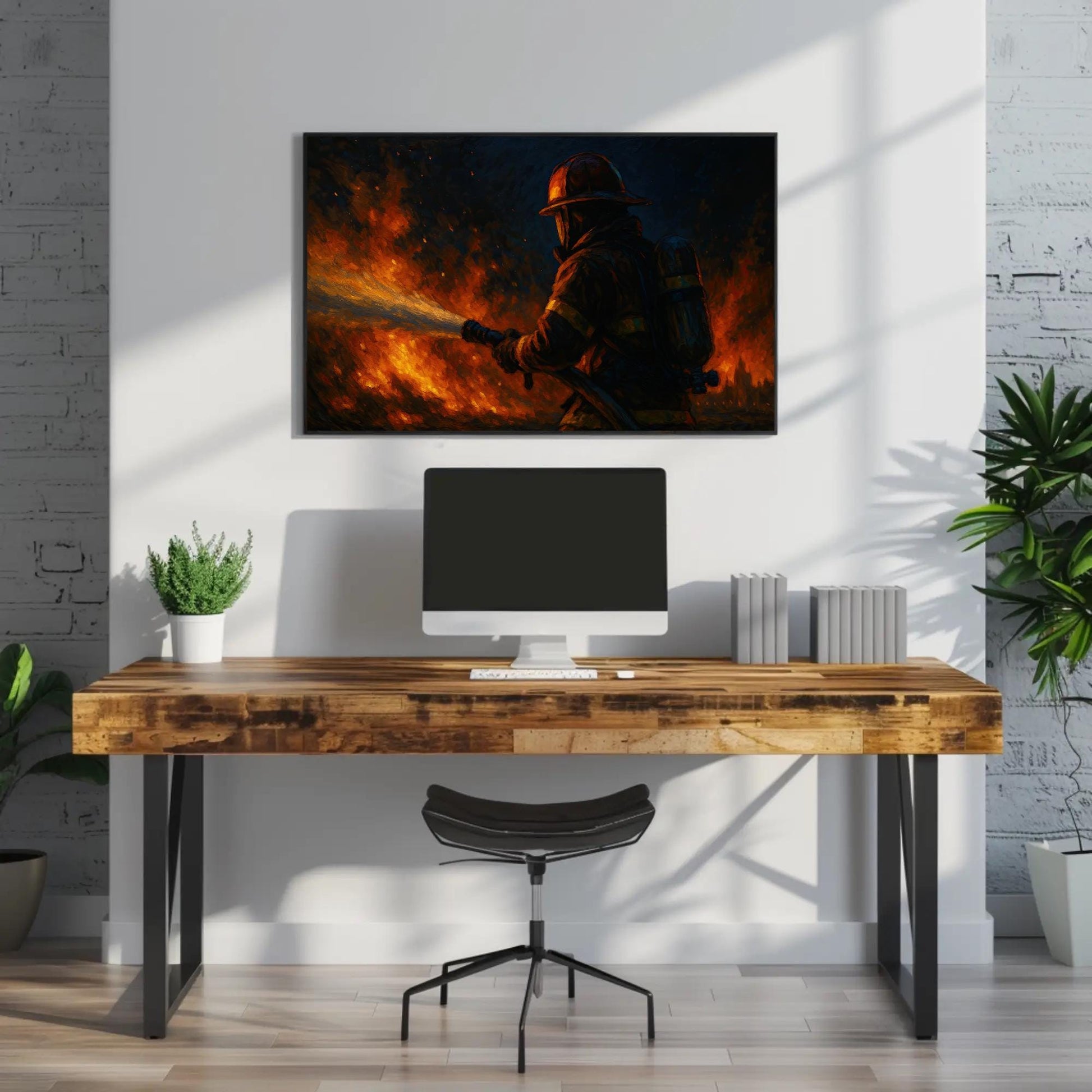 Firefighter canvas wall art shown above a desk