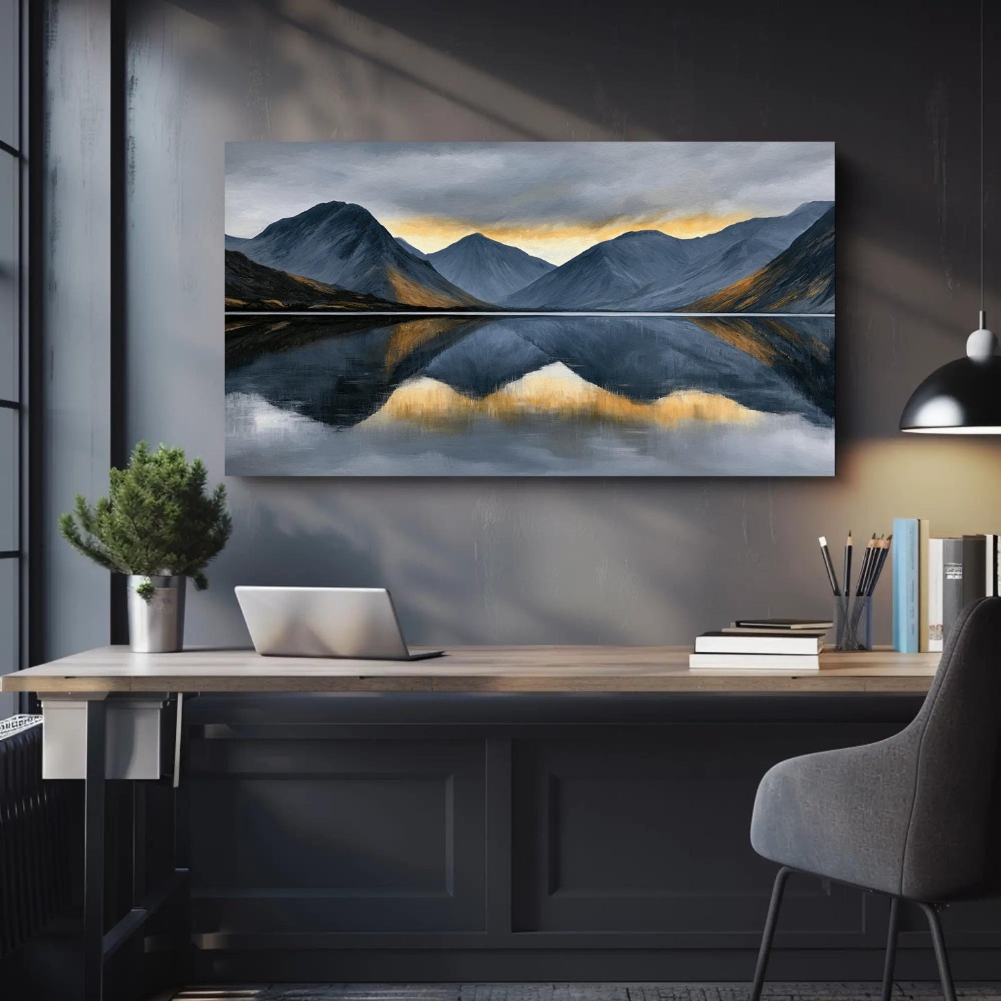Panoramic Mountain Lake Art canvas wall art shown in a styled room