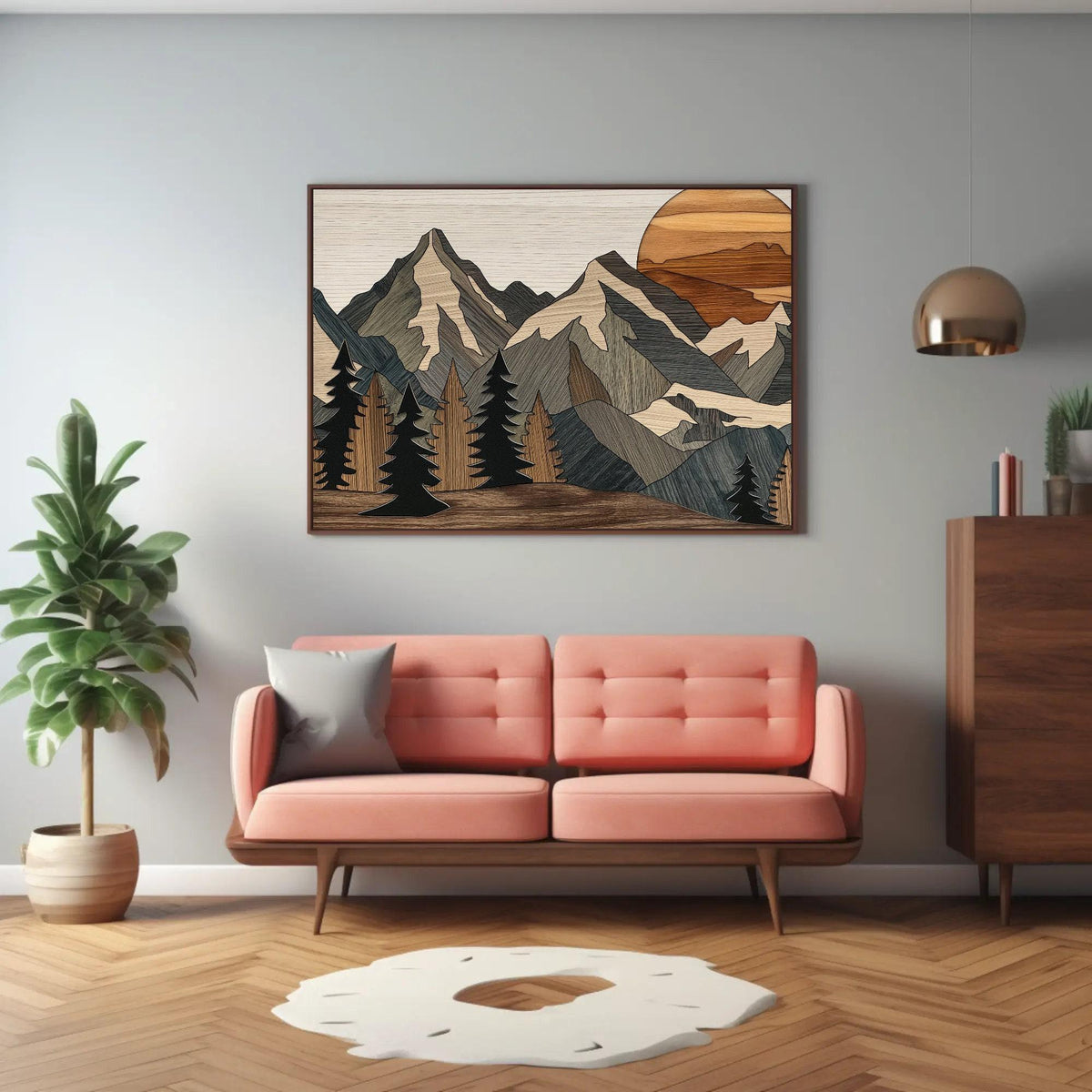 Wood effect mountains canvas wall art, living room with a couch and a painting on the wall