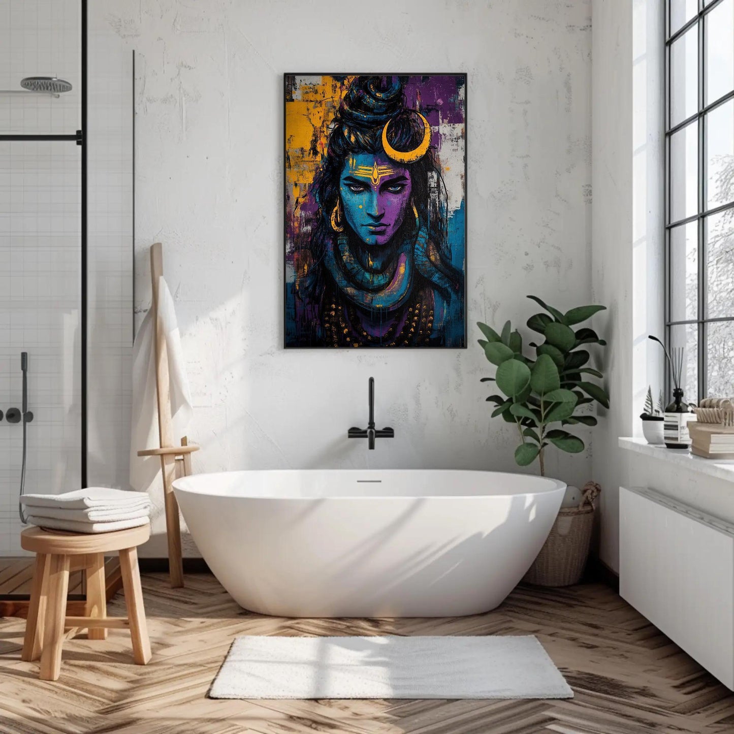 Lord Shiva canvas wall art shown in a styled interior