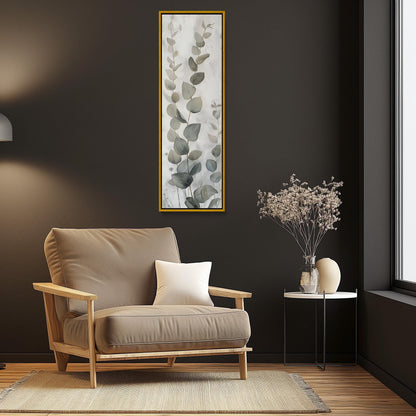 Eucalyptus Leaves , Tall Narrow Botanical canvas wall art shown in a living room (view 2)