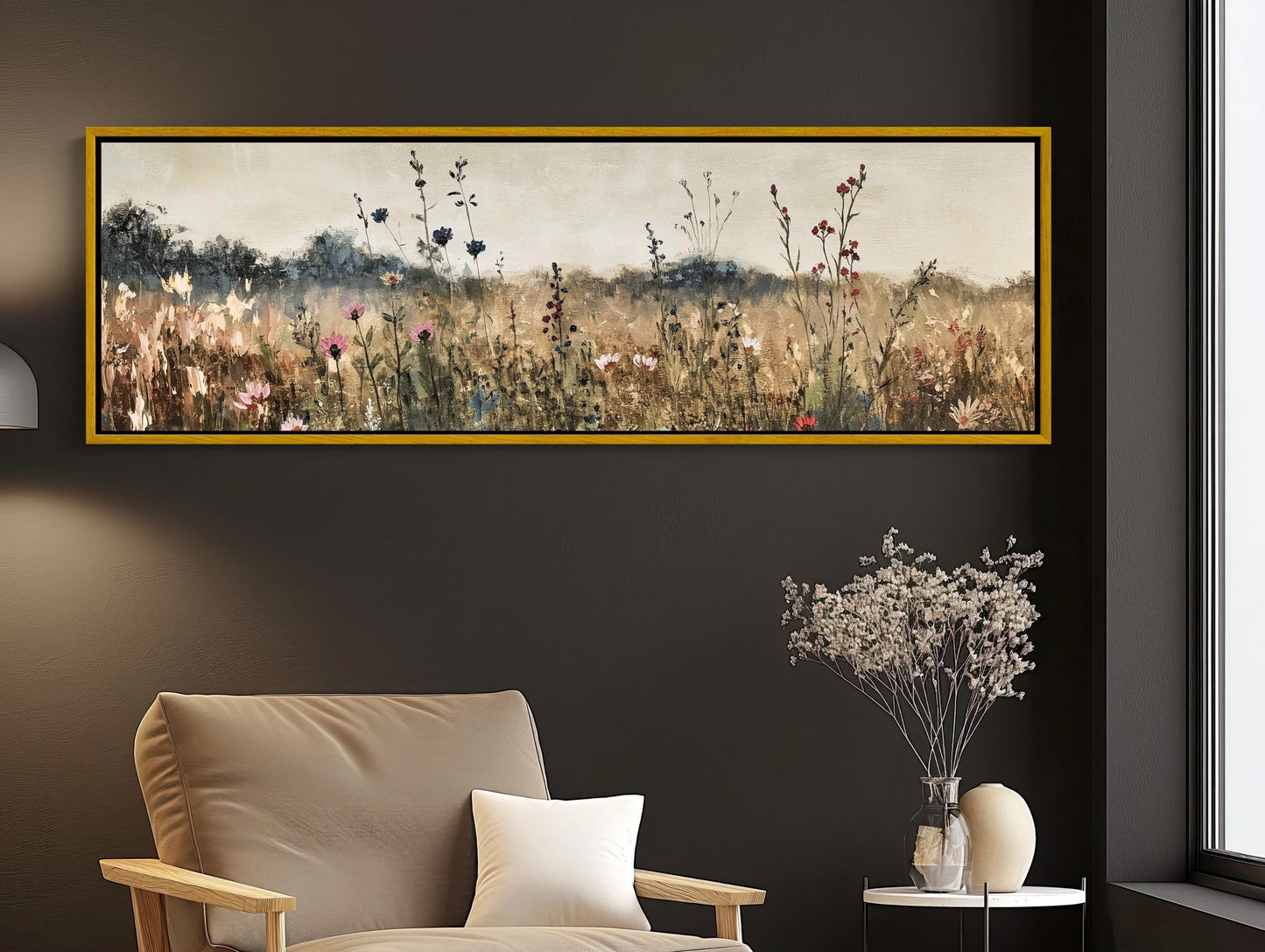 Vintage Wildflower Oilfield , Panoramic Rustic canvas wall art shown in a living room (view 2)