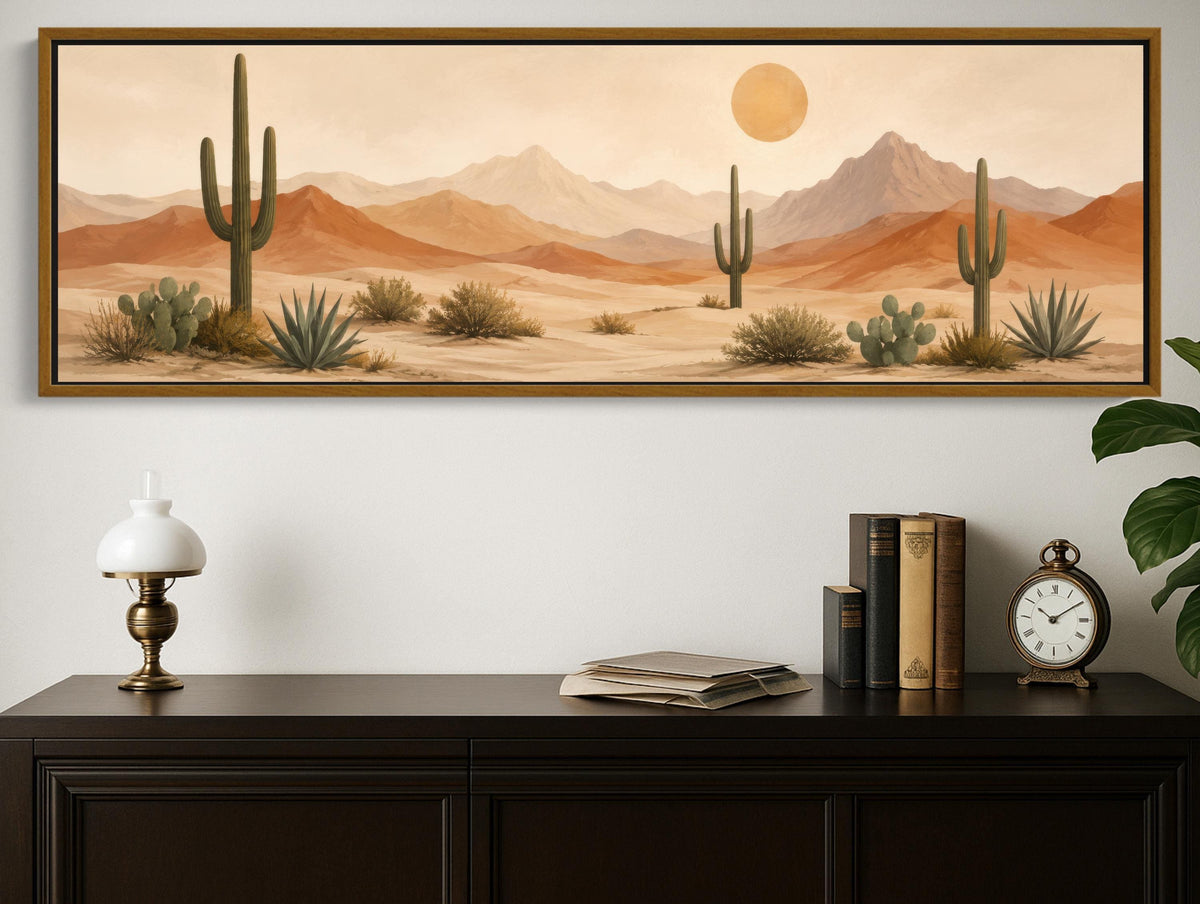 Saguaro desert panorama canvas wall art, framed painting of a desert landscape with cacti and mountains in the background