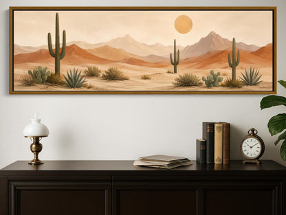 Saguaro desert panorama canvas wall art, framed painting of a desert landscape with cacti and mountains in the background