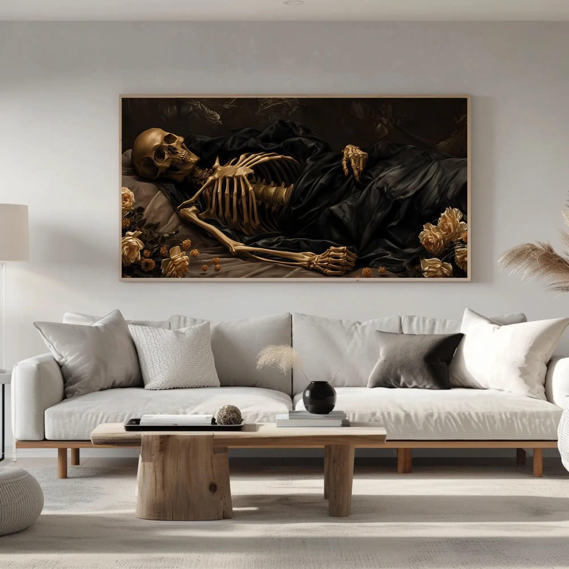Victorian Sleeping Skeleton Gothic Wall Art, Framed Canvas Print With Wooden Frame