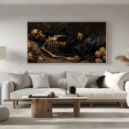 Victorian Sleeping Skeleton Gothic Wall Art, Framed Canvas Print With Wooden Frame