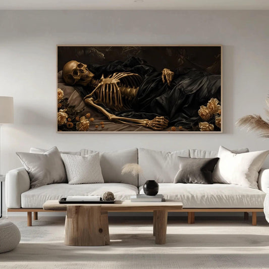 a living room with a couch and a painting on the wall
