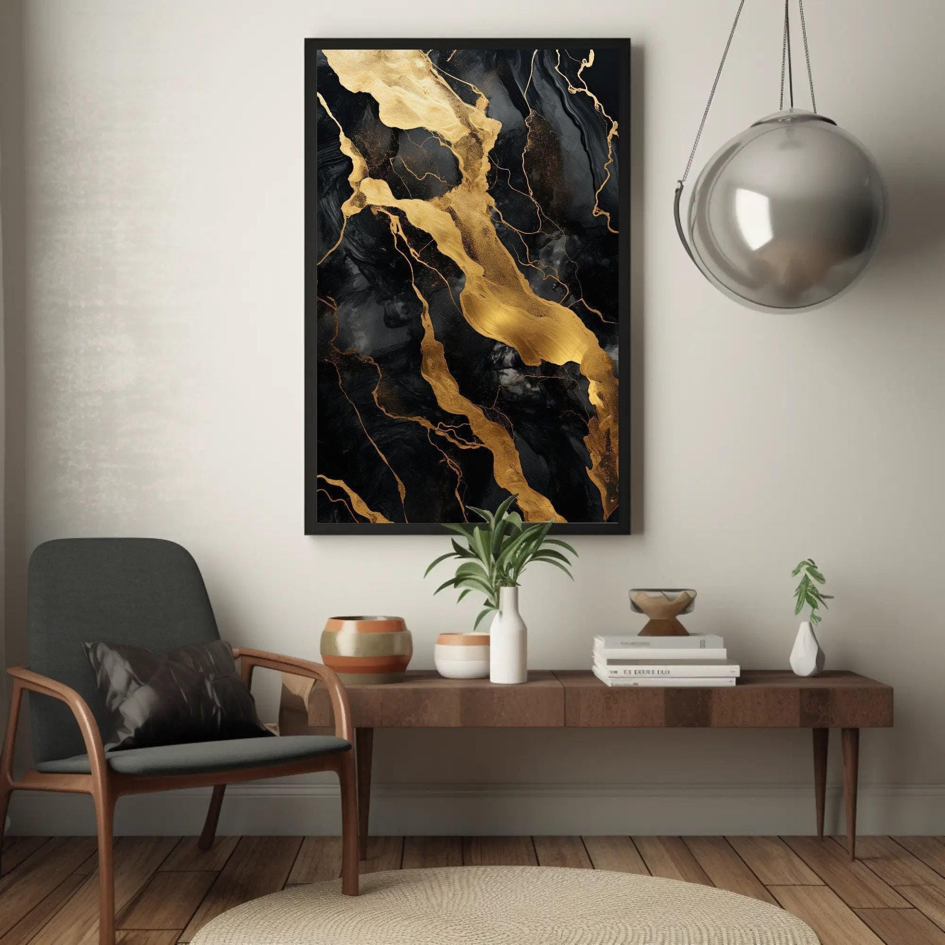Black Gold Marble , Luxury Abstract canvas wall art shown in a living room