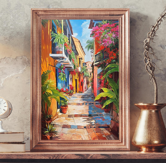 Cartagena Street Canvas Print, Vibrant Colombian Wall Art Decor