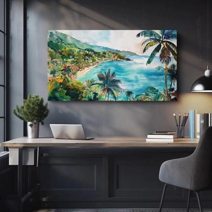Watercolor canvas wall art shown above a desk