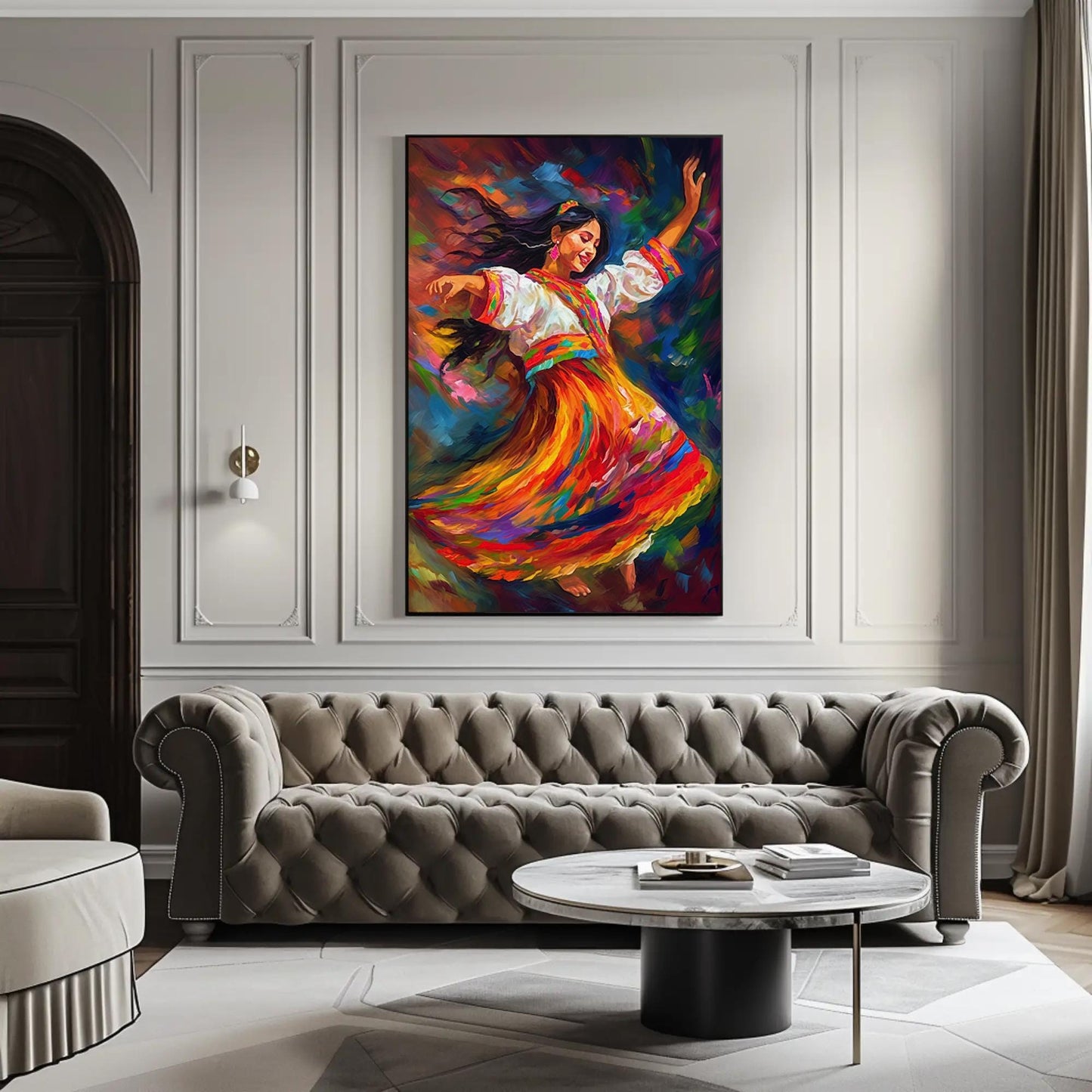 Peruvian Dancer , Andean Folk Art Wall canvas wall art shown in a living room (view 2)