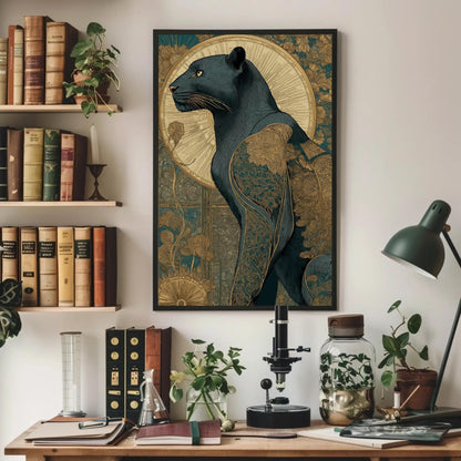 Art Deco Panther , Gold Geometric canvas wall art shown above a desk