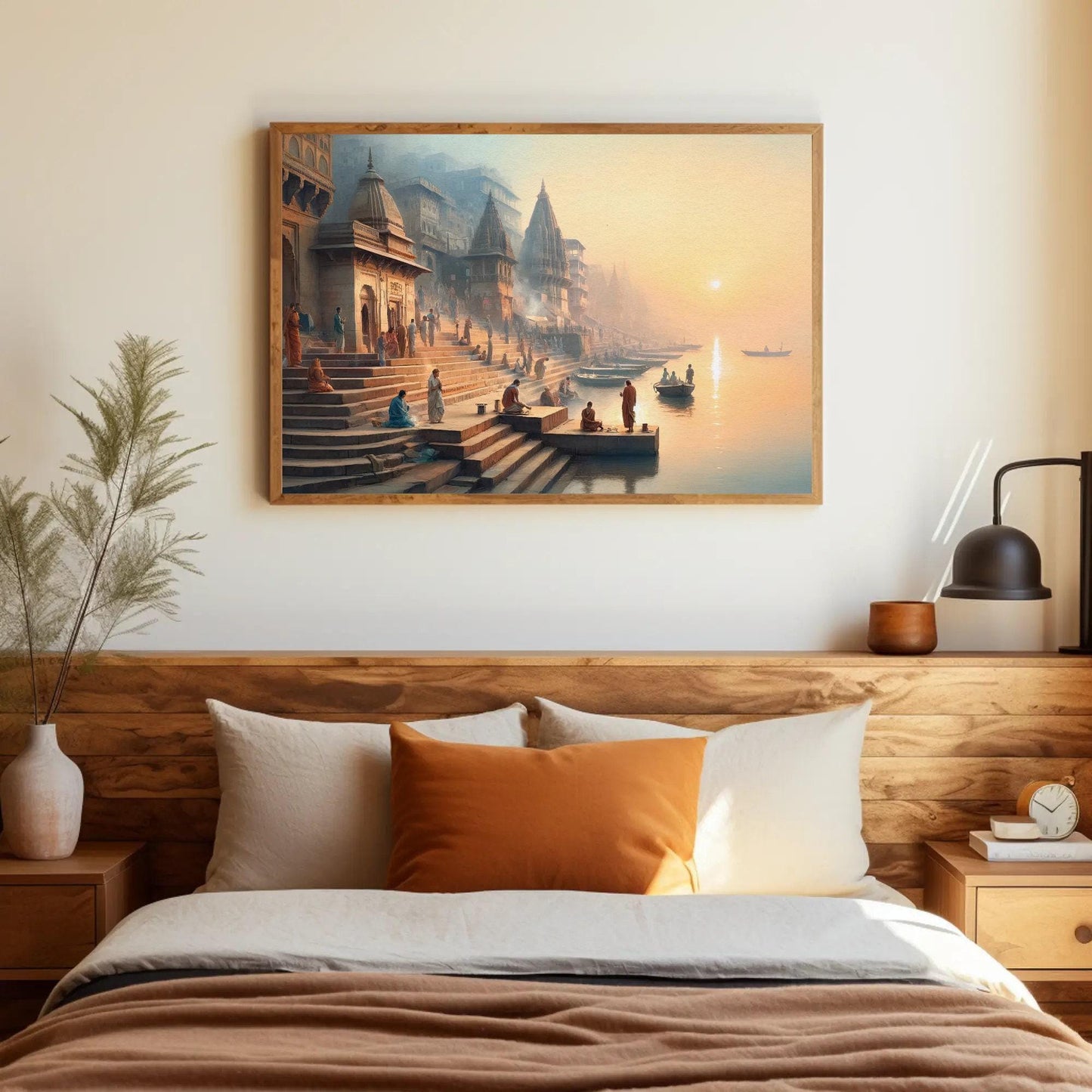 Varanasi canvas wall art shown above a bed