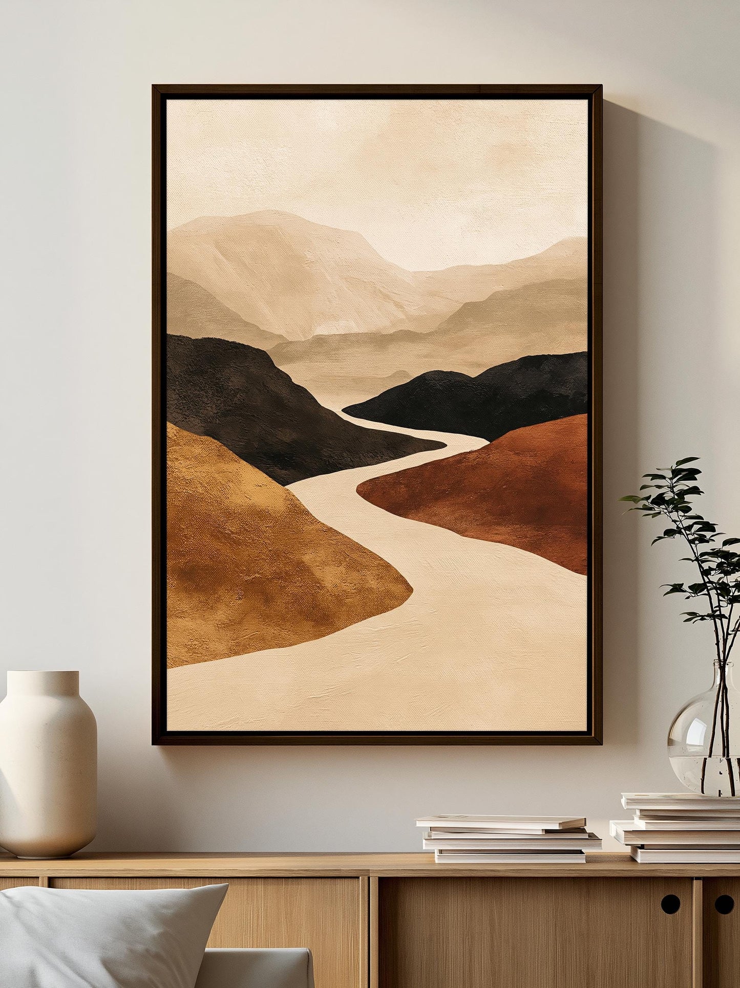 Abstract Mountain Wall Art, Winding River Canvas, Terracotta Ochre