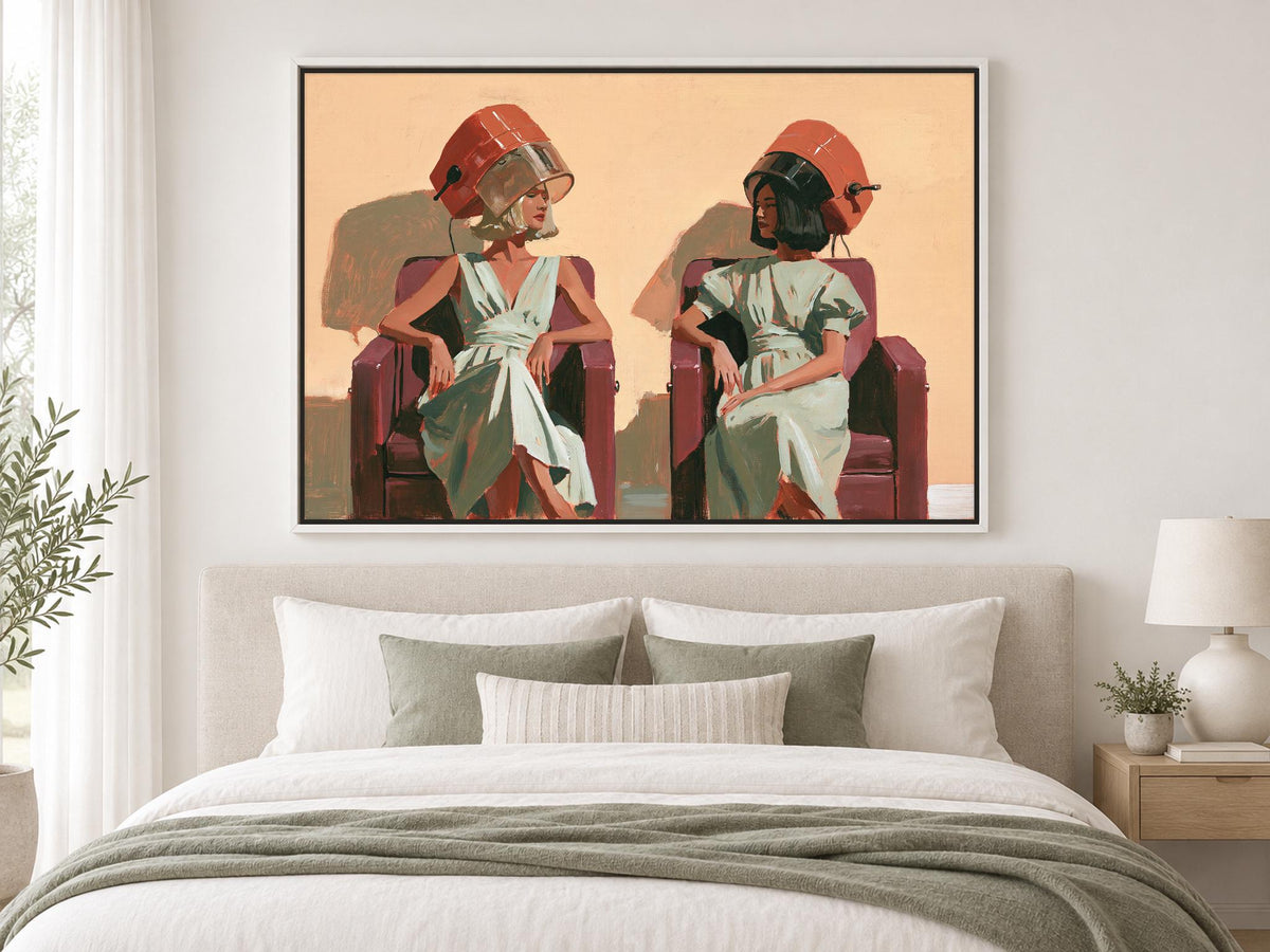 two women sitting in chairs, each wearing a hair dryer on their head, in a stylized and whimsical manner.