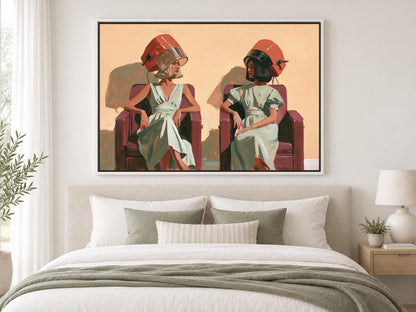 two women sitting in chairs, each wearing a hair dryer on their head, in a stylized and whimsical manner.