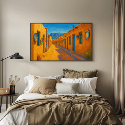 Santa Fe Adobe canvas wall art shown in a bedroom (view 2)