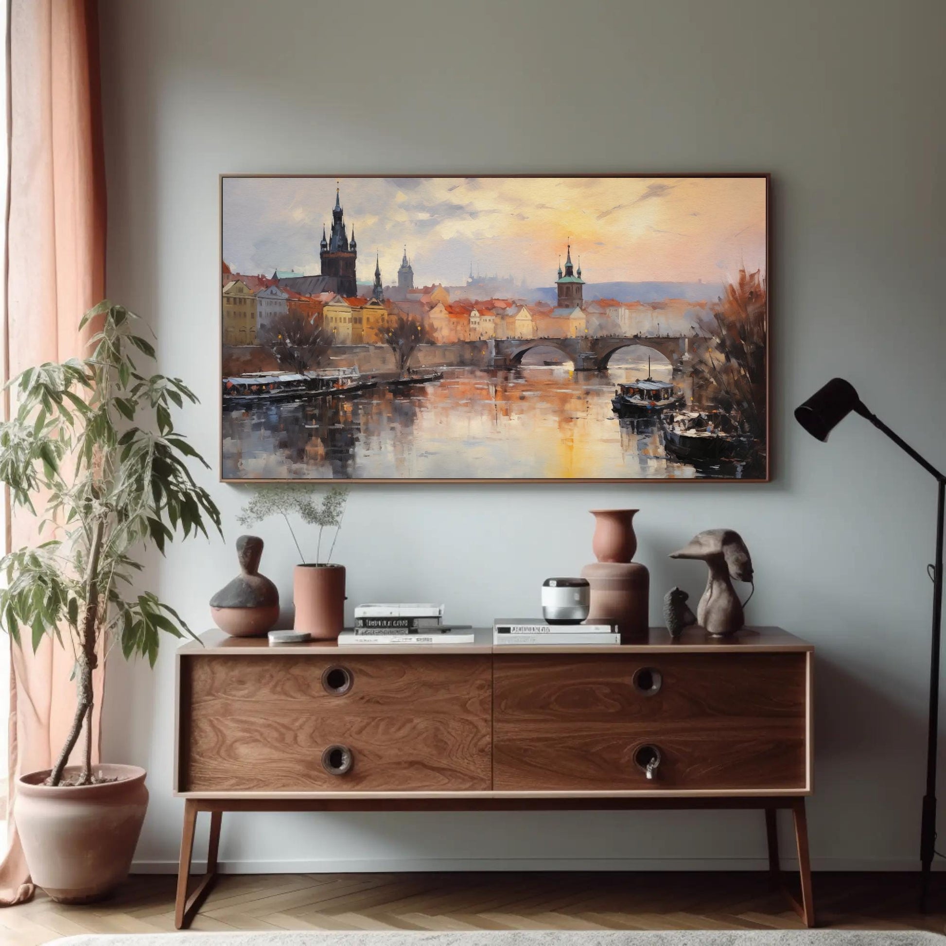 Prague , Czech Republic Gothic Cityscape Art canvas wall art in gold tones
